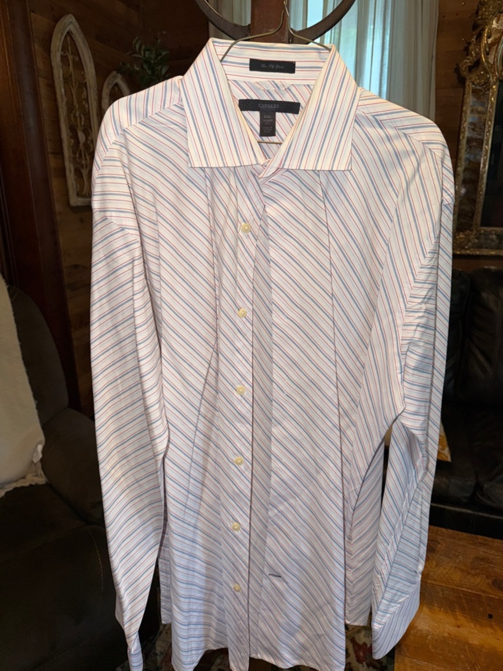 Express Men’s White Dress Shirt with Blue and Red Stripes